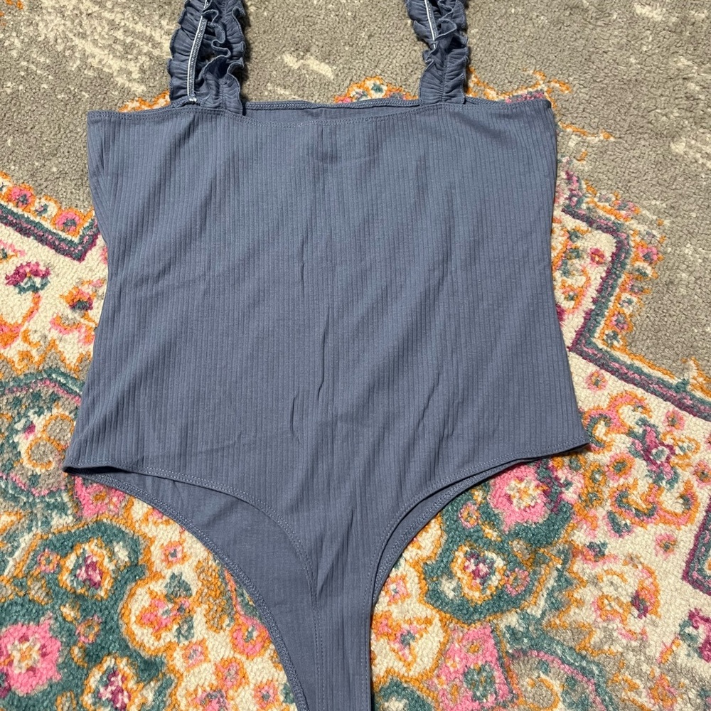 Double Zero Blue Ribbed Bodysuit with Ruffled Straps - Picture 3 of 3